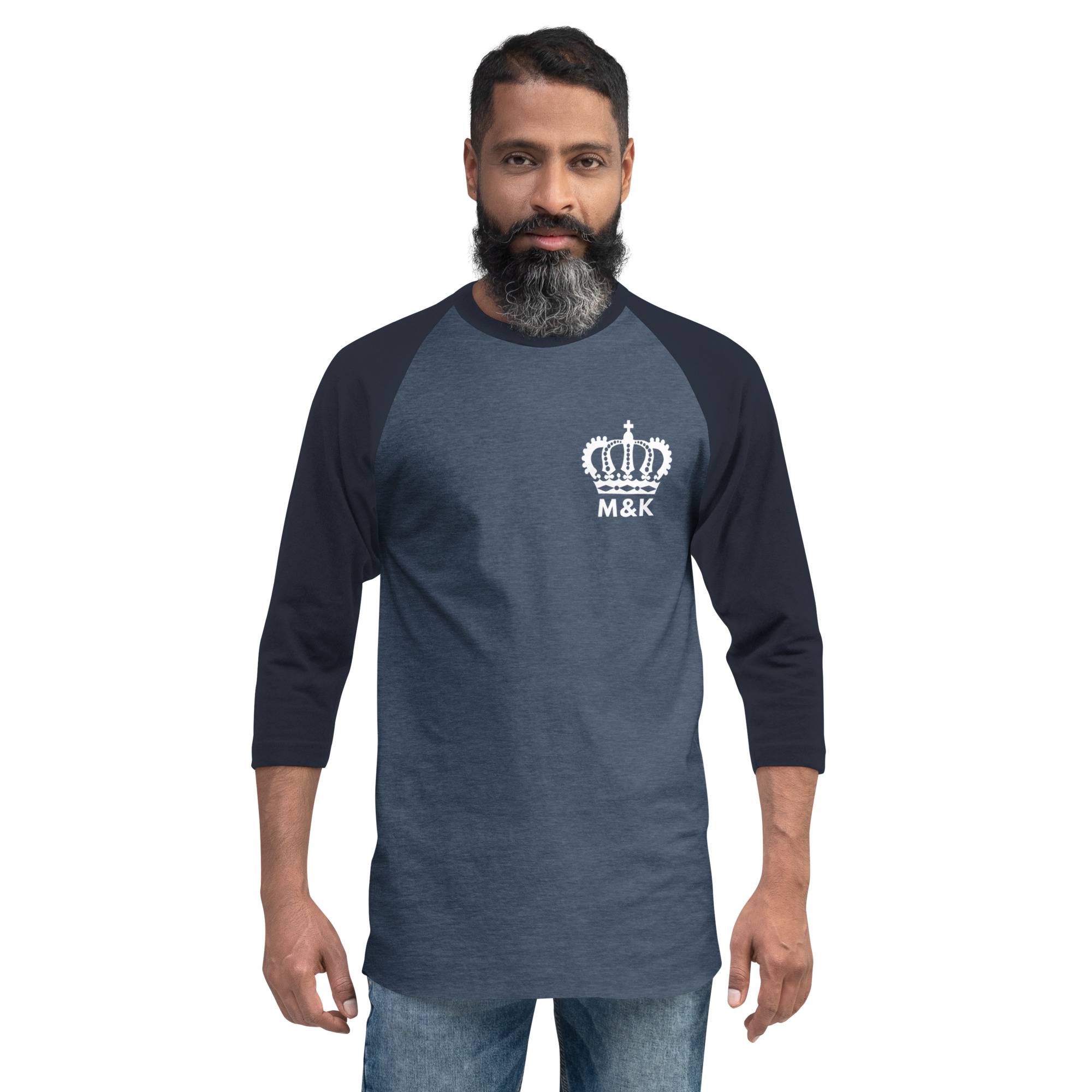 Freedom Crown White Men 3/4 Sleeve Raglan Shirt Men Tees color: Heather Denim/Navy|Heather Grey/Black|Heather Grey/Heather Charcoal|Heather Grey/Heather Red