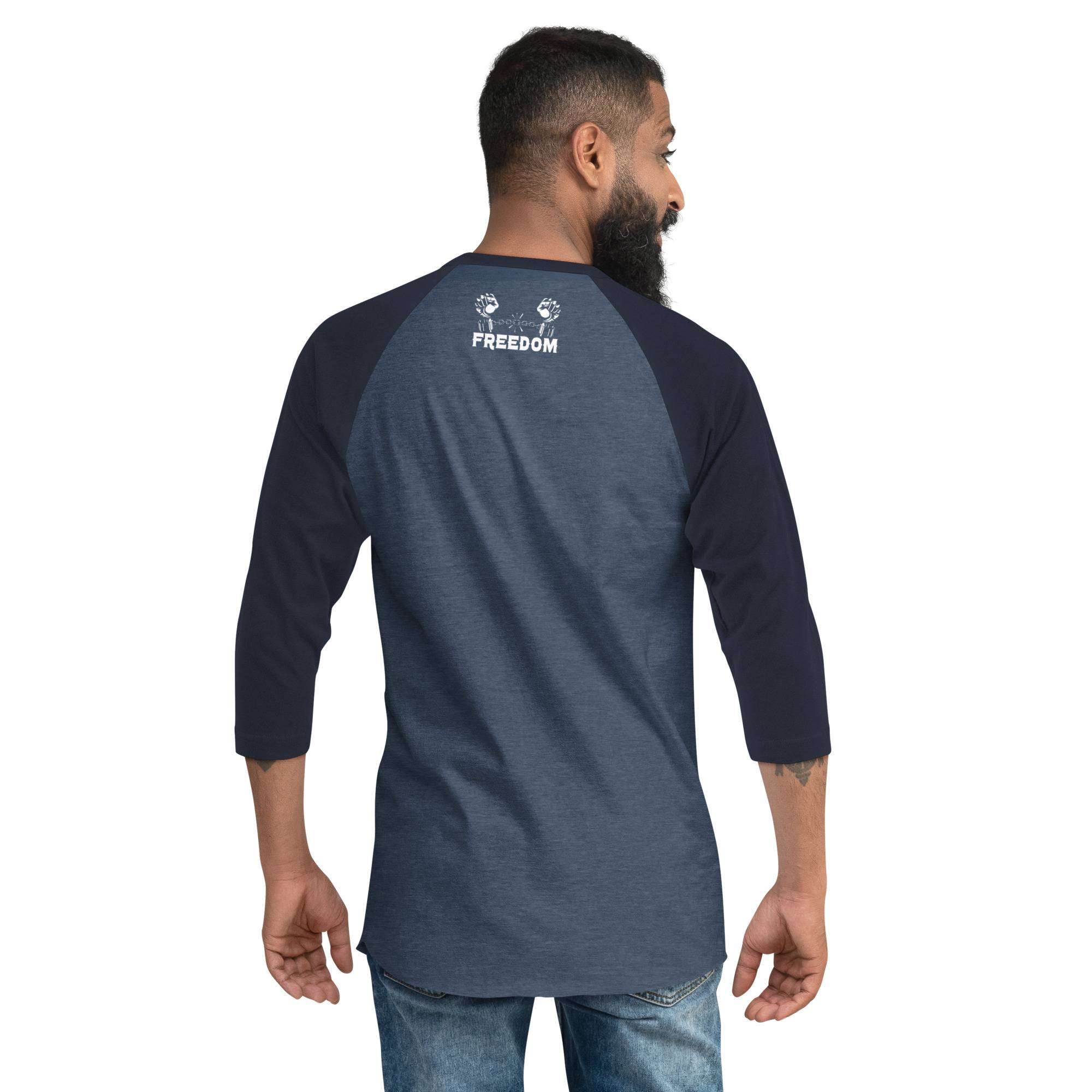 Freedom Crown White Men 3/4 Sleeve Raglan Shirt Men Tees color: Heather Denim/Navy|Heather Grey/Black|Heather Grey/Heather Charcoal|Heather Grey/Heather Red