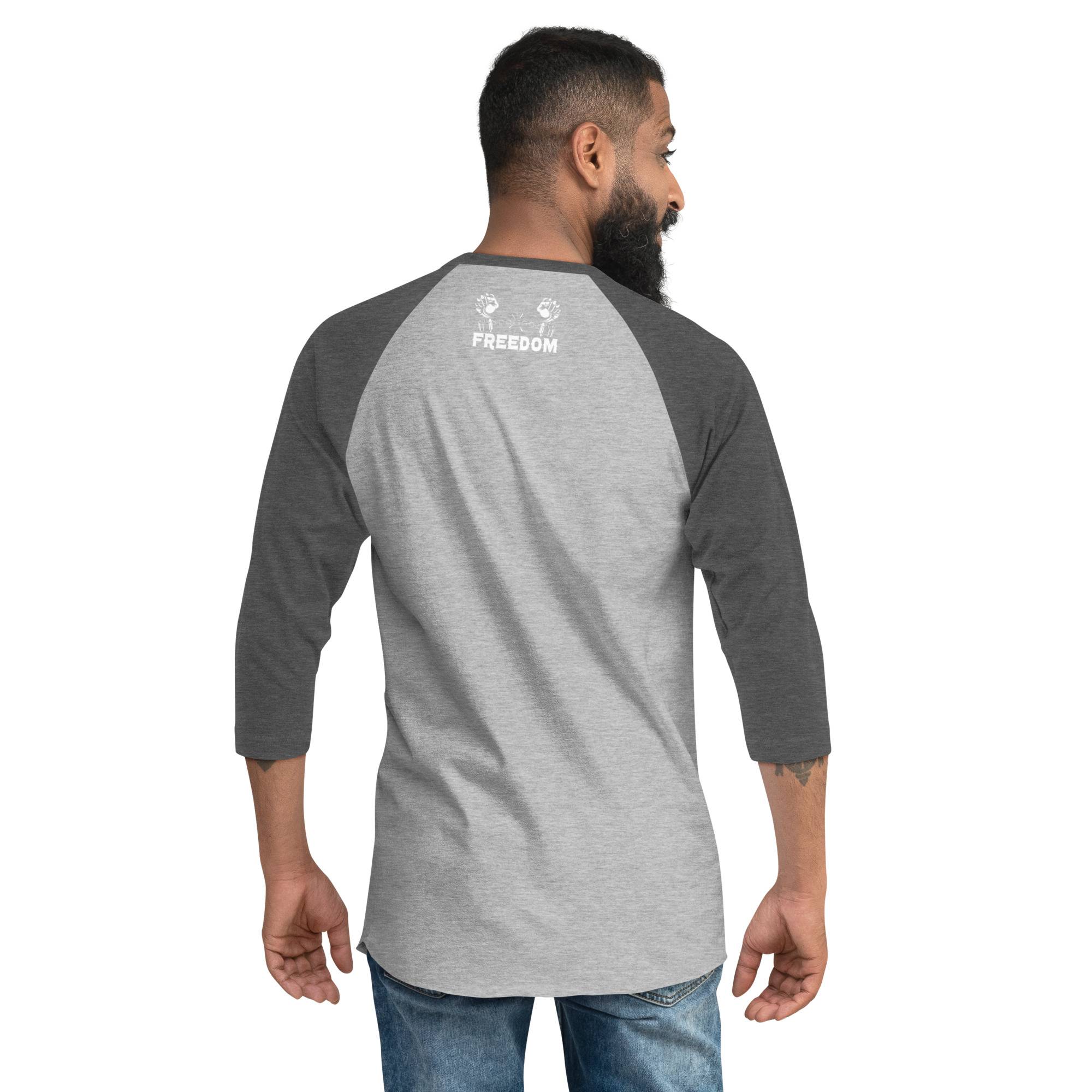 Freedom Crown White Men 3/4 Sleeve Raglan Shirt Men Tees color: Heather Denim/Navy|Heather Grey/Black|Heather Grey/Heather Charcoal|Heather Grey/Heather Red
