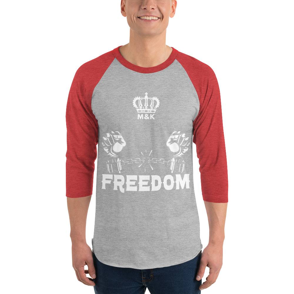 White Freedom 3/4 Sleeve Raglan Shirt Men Tees color: Black/White|Heather Grey/Heather Charcoal|Heather Grey/Heather Red