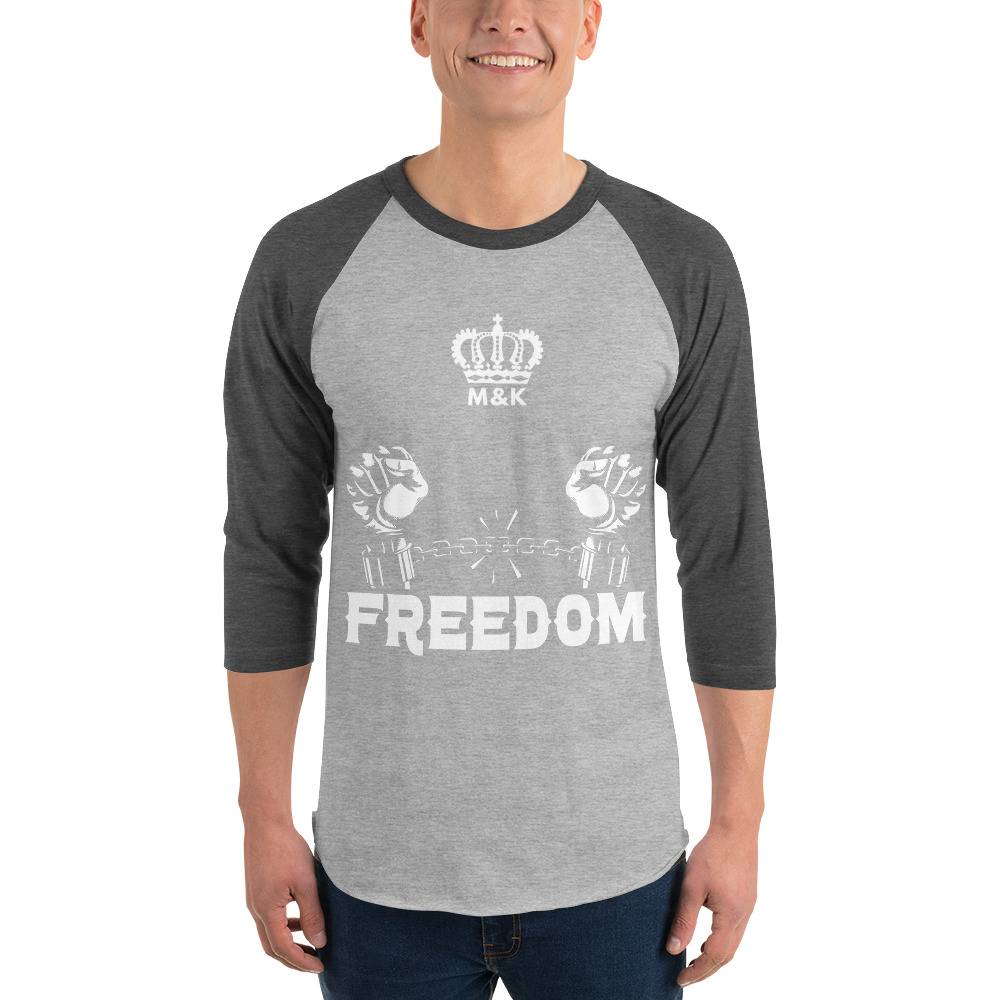 White Freedom 3/4 Sleeve Raglan Shirt Men Tees color: Black/White|Heather Grey/Heather Charcoal|Heather Grey/Heather Red