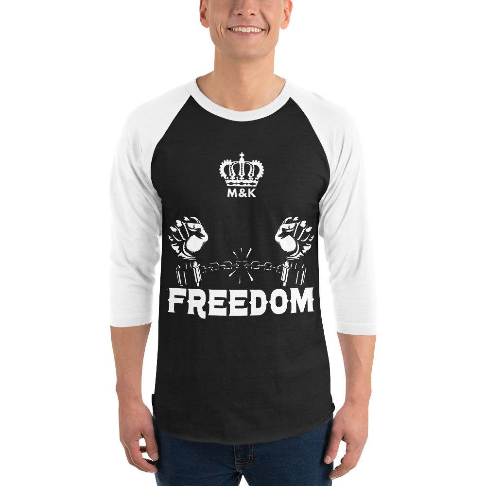 White Freedom 3/4 Sleeve Raglan Shirt Men Tees color: Black/White|Heather Grey/Heather Charcoal|Heather Grey/Heather Red