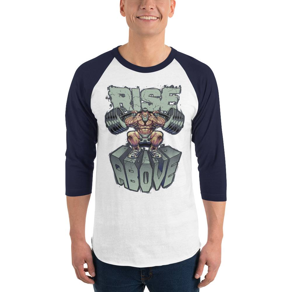 Rise Above Men’s 3/4 Sleeve Raglan Shirt Men Tees color: White/Heather Charcoal|White/Kelly|White/Navy|White/Red|White/Royal