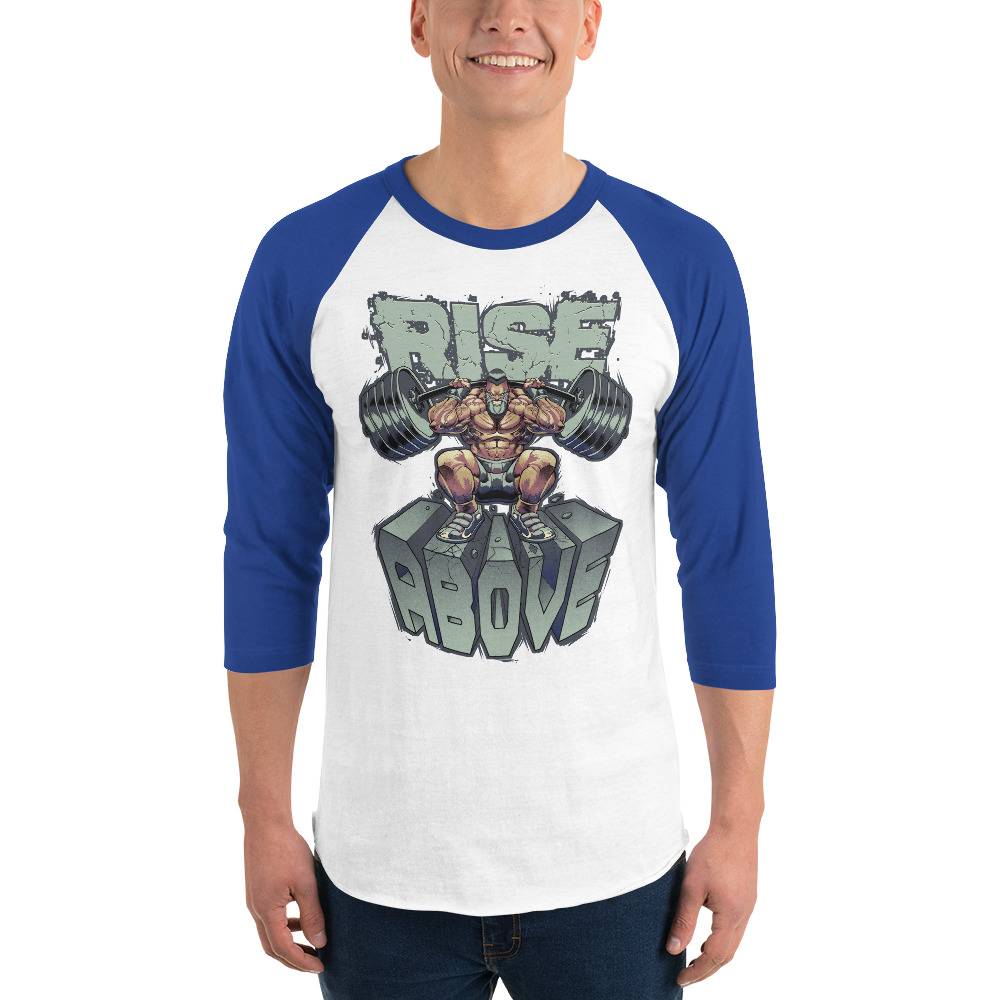 Rise Above Men’s 3/4 Sleeve Raglan Shirt Men Tees color: White/Heather Charcoal|White/Kelly|White/Navy|White/Red|White/Royal