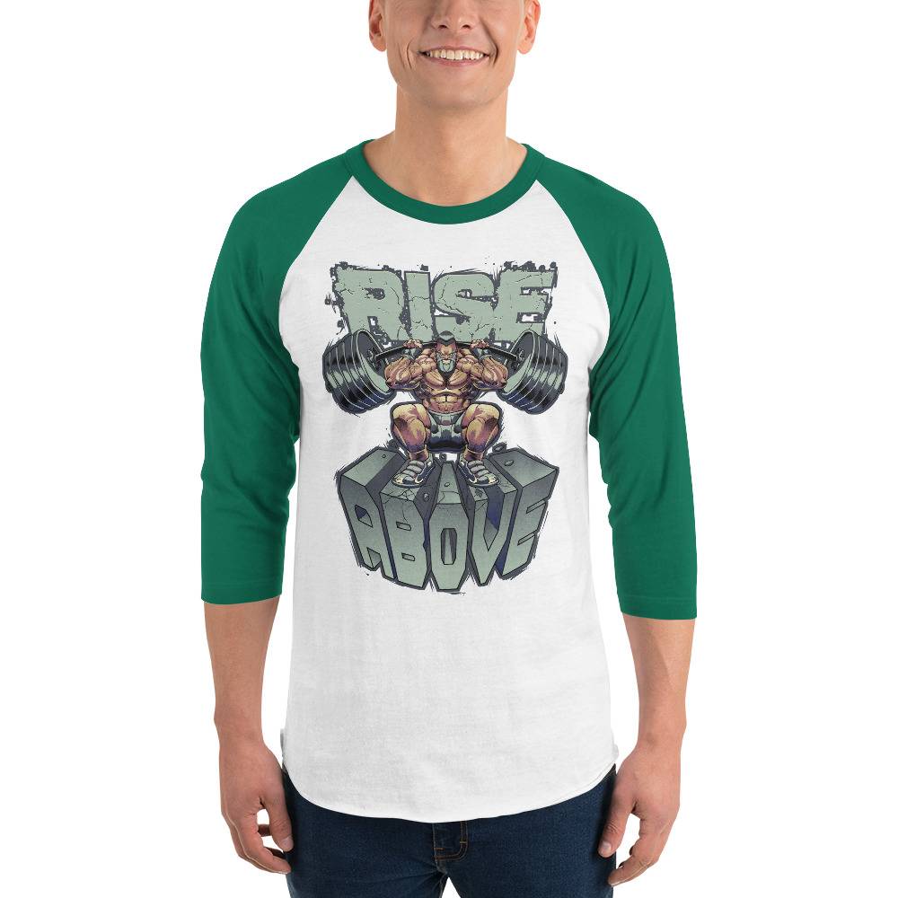 Rise Above Men’s 3/4 Sleeve Raglan Shirt Men Tees color: White/Heather Charcoal|White/Kelly|White/Navy|White/Red|White/Royal