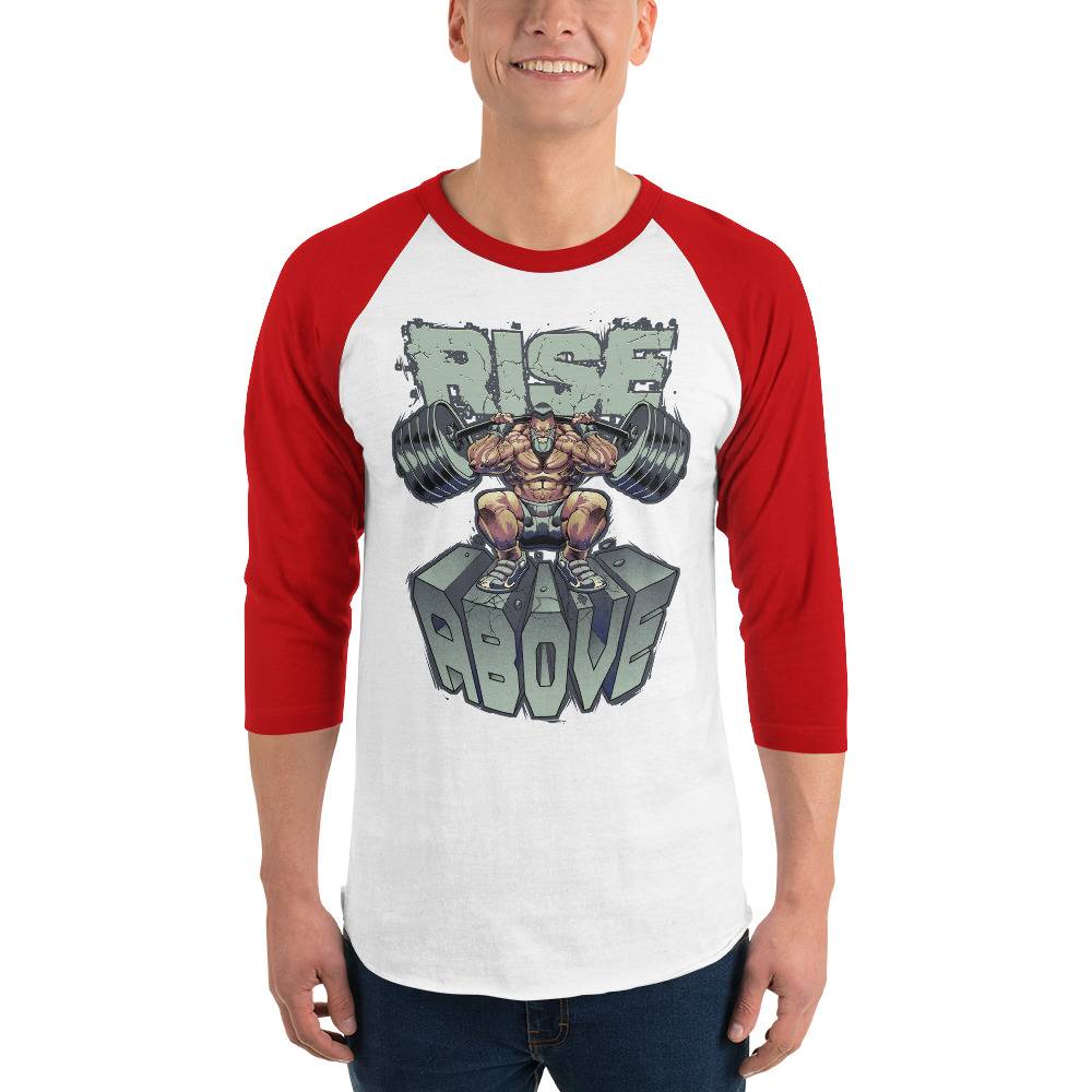 Rise Above Men’s 3/4 Sleeve Raglan Shirt Men Tees color: White/Heather Charcoal|White/Kelly|White/Navy|White/Red|White/Royal