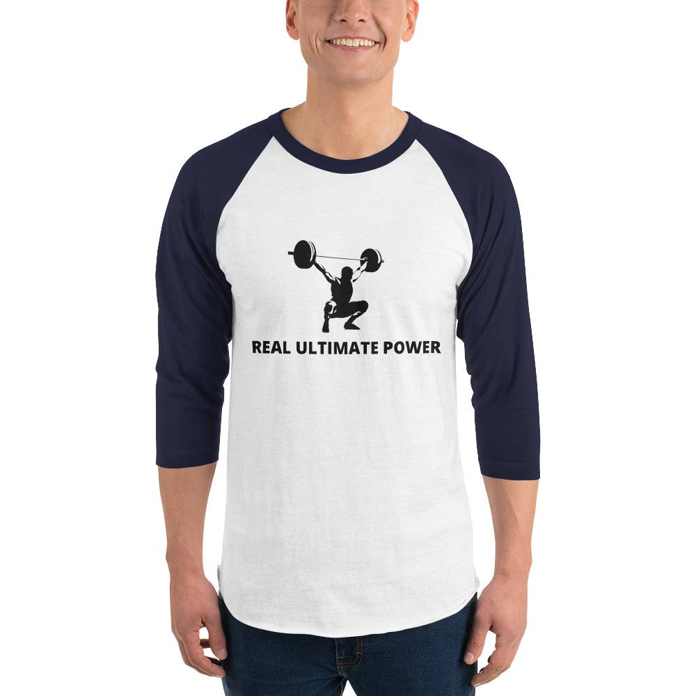 Real Ultimate Power Men’s 3/4 Sleeve Raglan Shirt Men Tees color: White/Kelly|White/Navy|White/Royal