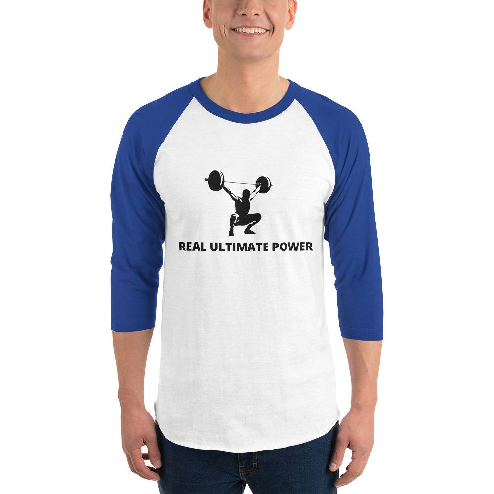 Real Ultimate Power Men’s 3/4 Sleeve Raglan Shirt Men Tees color: White/Kelly|White/Navy|White/Royal