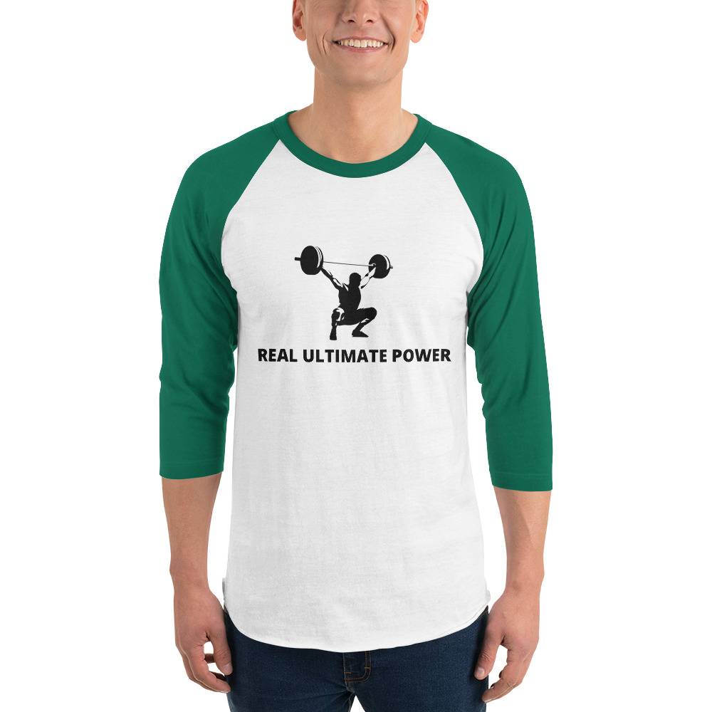Real Ultimate Power Men’s 3/4 Sleeve Raglan Shirt Men Tees color: White/Kelly|White/Navy|White/Royal