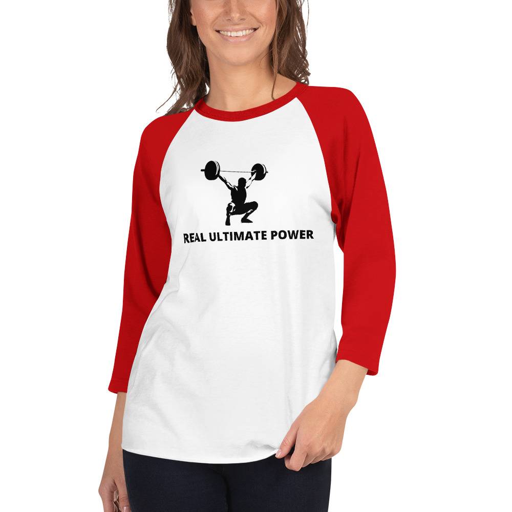 Real Ultimate Power Women’s 3/4 Sleeve Raglan Shirt Women Tees color: White/Kelly|White/Red|White/Royal