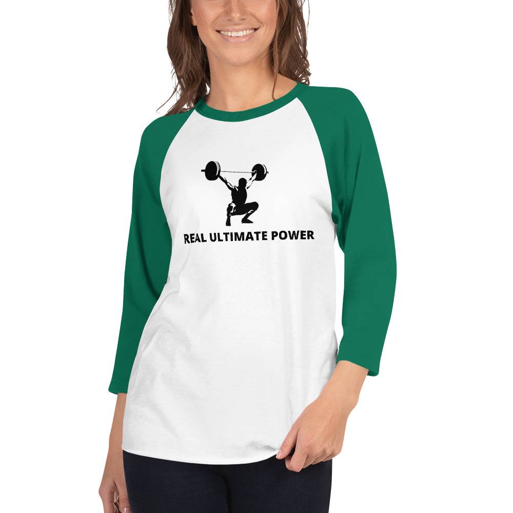 Real Ultimate Power Women’s 3/4 Sleeve Raglan Shirt Women Tees color: White/Kelly|White/Red|White/Royal