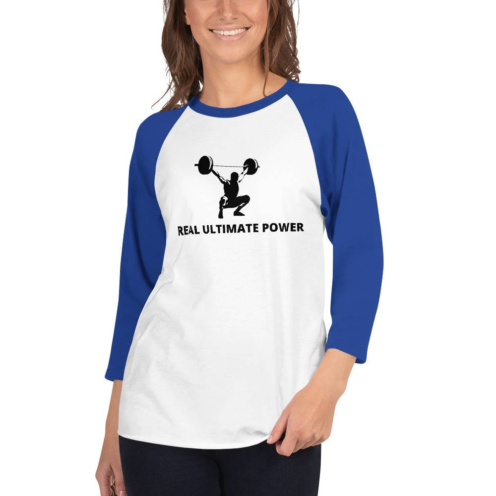 Real Ultimate Power Women’s 3/4 Sleeve Raglan Shirt Women Tees color: White/Kelly|White/Red|White/Royal